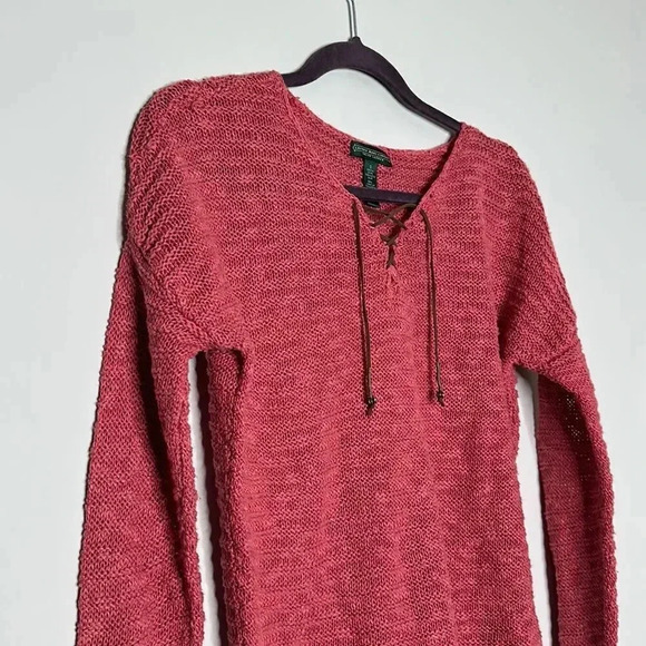 Ralph Lauren Linen Cotton Knitted Tunic Sweater Pullover Dusty Pink Suede Tassel - Picture 5 of 7